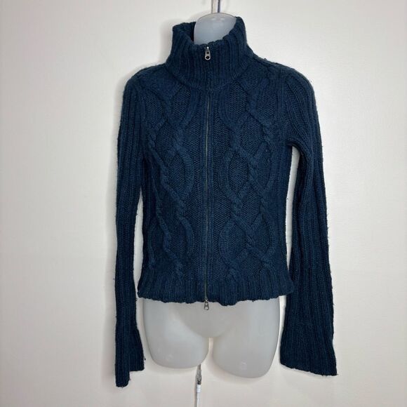 Abercrombie & Fitch Y2K Lambs Wool Blend full zip navy  Cableknit Cardigan small - Picture 1 of 8